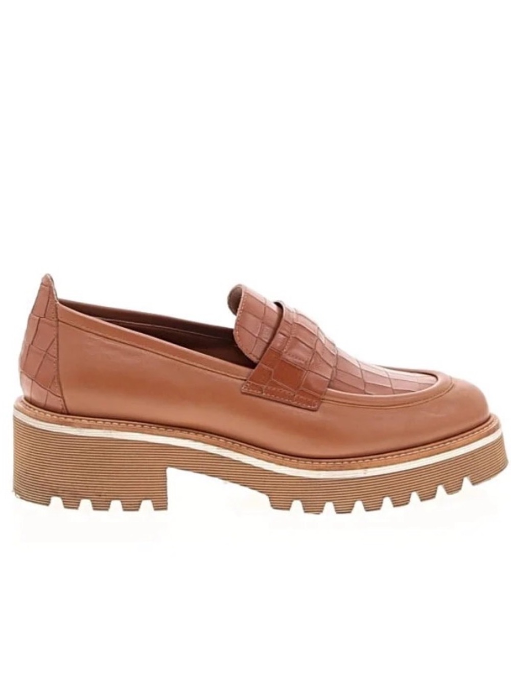 M GEMI Womens Croc-Textured Penny Loafers in Cognac Brown